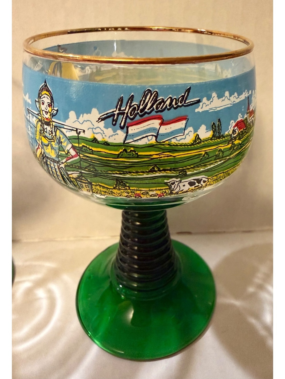 3 Vintage Luminarc France Beehive Green Stem Wine Glasses w/ Holland Scenes